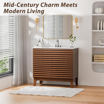 APRILSOUL 36" Bathroom Vanity with Ceramic Sink, Mid-Century Bathroom Vanity Cabinet with 2 Soft Closing Doors, Freestanding Bathroom Cabinet, Particleboard Frame with Wood Grain Laminate, Walnut