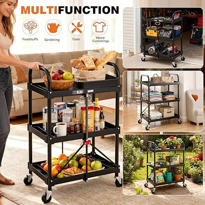 DUMOS 3-Tier Folding Utility Cart, Collapsible Service Cart with 4 Swivel Wheels and Brakes, 120LBS Capacity & Collapsible Storage Rolling Cart for Kitchen, Office, Garden, Garage, Pure Black