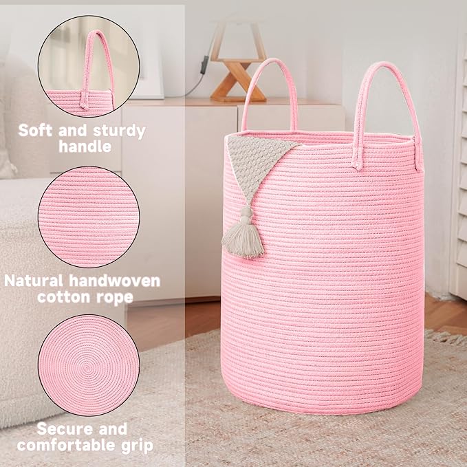 JMvicyroam Large Woven Laundry Basket Hamper,60L Cotton Rope Storage Bin for Blankets,Toys and Clothes,Decorative Tall Nursery Hamper for Living Room,Baby Nursery,Bathroom and Bedroom,Pink