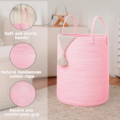 JMvicyroam Large Woven Laundry Basket Hamper,60L Cotton Rope Storage Bin for Blankets,Toys and Clothes,Decorative Tall Nursery Hamper for Living Room,Baby Nursery,Bathroom and Bedroom,Pink