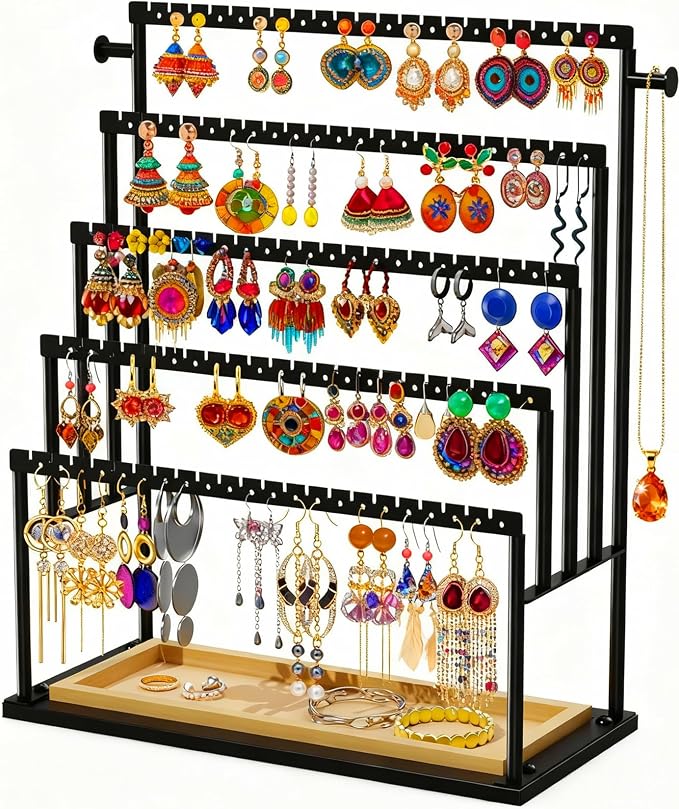 Earring Holder Organizer, 5-Tier Jewelry Display Stand with Matte Black Metal Frame and Wooden Tray, Large Earring Holder for Studs, Hoops, Dangles, Modern Jewelry Organizer for Women