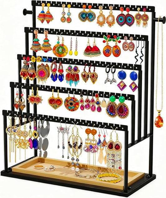 Earring Holder Organizer, 5-Tier Jewelry Display Stand with Matte Black Metal Frame and Wooden Tray, Large Earring Holder for Studs, Hoops, Dangles, Modern Jewelry Organizer for Women