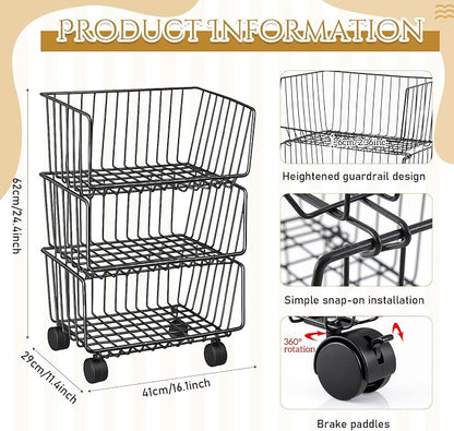 Maxdot 2 Pack 3 Tier Rolling Pantry Floor Organizer and Storage Cart with Wheels Stackable Pantry Metal Wire Baskets Kitchen Fruit Snacks Basket Stand for Kitchen Office Living Room(Black)