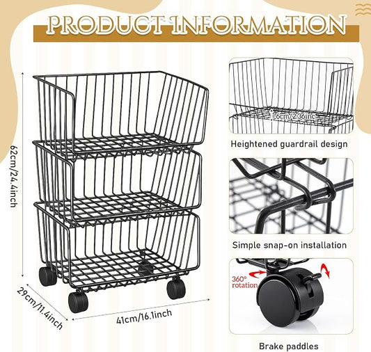 Maxdot 2 Pack 3 Tier Rolling Pantry Floor Organizer and Storage Cart with Wheels Stackable Pantry Metal Wire Baskets Kitchen Fruit Snacks Basket Stand for Kitchen Office Living Room(Black)