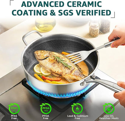 LOLYKITCH 5.5-Quart Hybrid Sauté Pan with Lid, 12-Inch Nonstick Deep Skillet with Fry Basket & Tongs, 3-ply Stainless Steel Large Frying Pan with Steam Insert, Works on All Cooktops