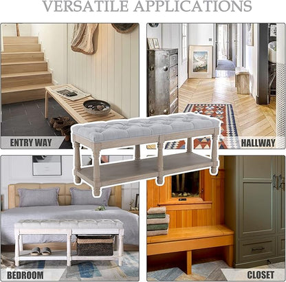 Kmax Storage Entryway Bench Tufted Shoe Rack Bench Wood Window Bench for Hallway Entrance Bedroom Corner, Gray
