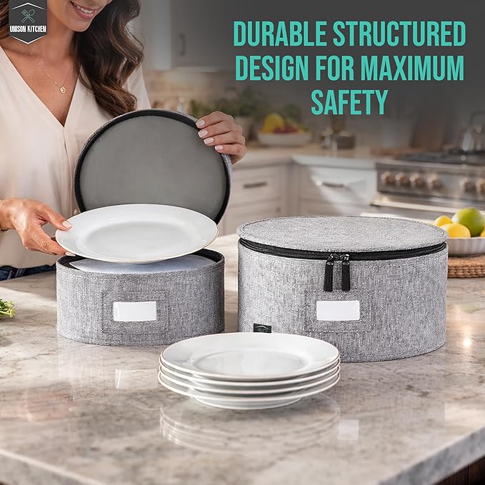 4-Piece Dish Storage Container Set – Hard Shell Dinnerware Organizer with Dividers for Plates, Stackable, and Ideal for Fine China Storage, Kitchen Organization & Moving Supplies – Grey