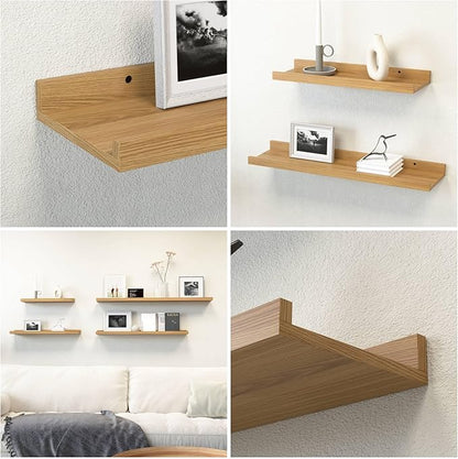 RICHER HOUSE 5 Set Floating Shelves for Wall Decor, Wall Mounted Book Shelf, Nursery Shelves Picture Ledge Shelf with Lip for Storage, Bedroom, Living Room, Bathroom - Oak