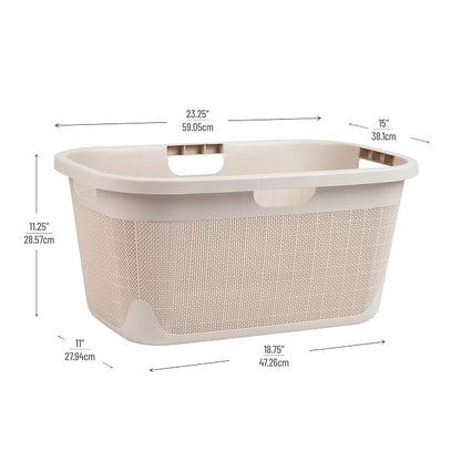 Mind Reader 40L Laundry Basket, Linen Design Clothes Hamper, Plastic Storage Bin with Handles, Ivory