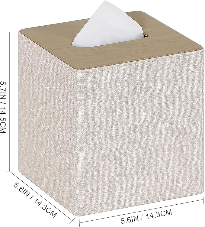 GOLRANLYE Tissue Box Cover Square PU Leather Facial Tissue Box Holder for Dresser Bathroom Decor (Beige)