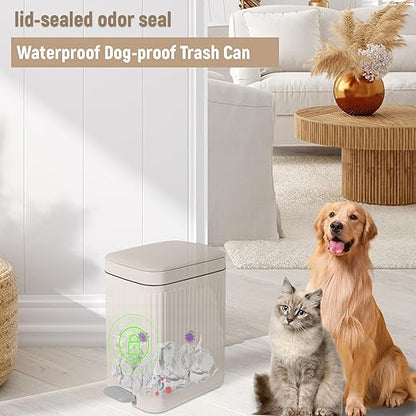 rejomiik Small Bathroom Trash Can with Lid Slim Soft Close Garbage Can Step Wastebasket Container Trash Bin for Office Bedroom Kitchen Living Room (2.6 Gallon Cream)