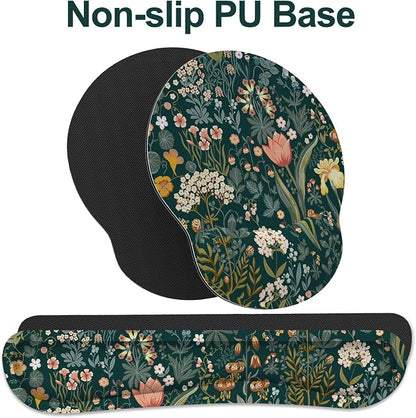 Ergonomic Mouse Pad with Wrist Rest and Keyboard Wrist Rest, Mousepad and Wrist Rest for Computer Keyboard, Pain Relief, Non-Slip Rubber Base, Mouse Pad Wrist Support for Gaming, Green Flowers