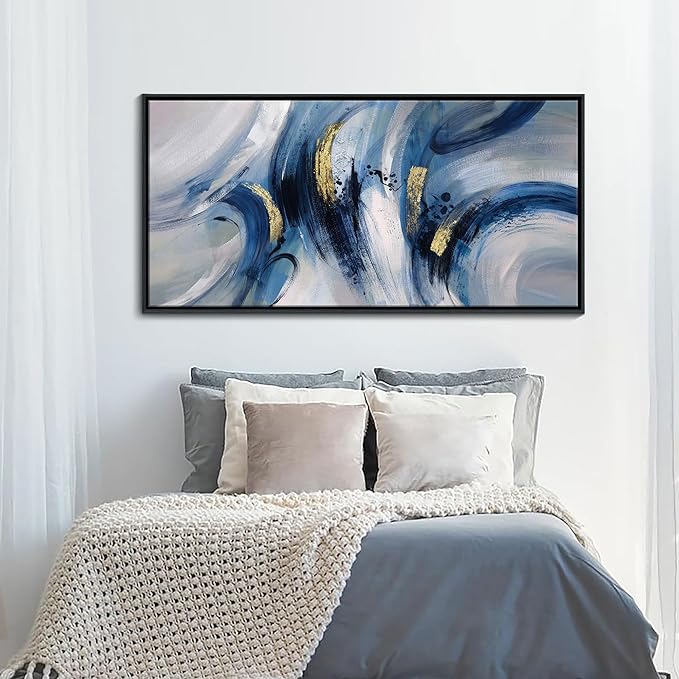 Abstract Line Art Framed Canvas - Blue and Grey Modern Wall Decor, Large 20x40 Inches, Minimalist Bedroom & Living Room Art, Ready to Hang