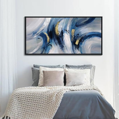 Abstract Line Art Framed Canvas - Blue and Grey Modern Wall Decor, Large 20x40 Inches, Minimalist Bedroom & Living Room Art, Ready to Hang