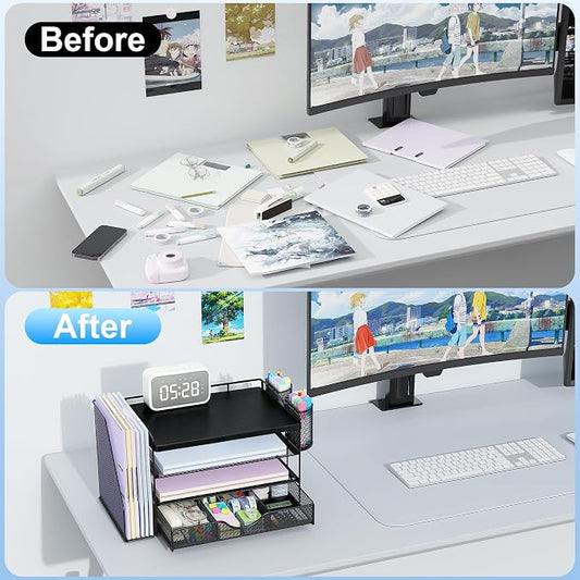 gianotter Wood Desk Organizers and Accessories with File Holder, 4-Tier Desk Accessories & Workspace Organizers with Drawer and 2 Pen Holder, Desk Reference Organizer (Black, 4T with Metal Drawer)