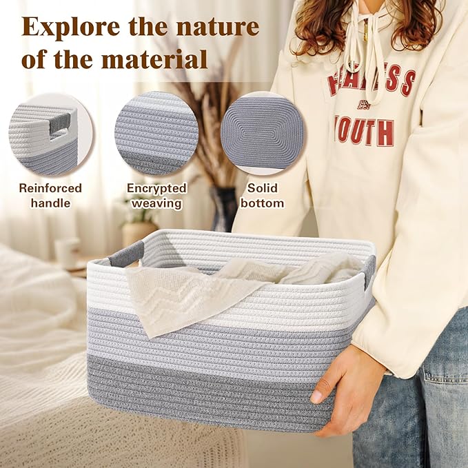 2 Pack Large Storage Basket for Organizing, 17.5"x13.5"x7.5" Woven Basket for Shelves, Closet Cube Storage Bins with Wrapped Handle, Cotton Rope Baskets for Kitchen, Clothes, Toys(Gradient Grey)