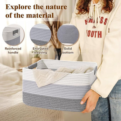 4 Pack Large Storage Basket for Organizing, 17.5"x13.5"x7.5" Woven Basket for Shelves, Closet Cube Storage Bins with Wrapped Handle, Cotton Rope Baskets for Kitchen, Clothes, Toys(Gradient Grey)