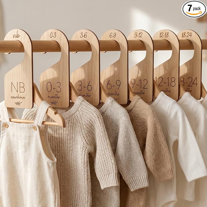Beautiful Wooden Baby Closet Dividers Set of 7 - Double-Sided Organizer for Newborn to 24 Months Size Clothes - Adorable Nursery Decor Hanger Dividers Easily Organize Your Little Girls or Boys Room