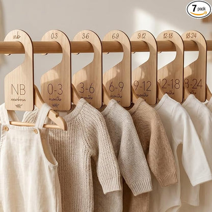 Beautiful Wooden Baby Closet Dividers Set of 7 - Double-Sided Organizer for Newborn to 24 Months Size Clothes - Adorable Nursery Decor Hanger Dividers Easily Organize Your Little Girls or Boys Room