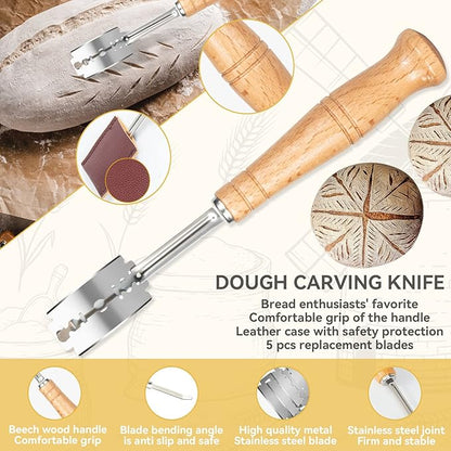 Danish Dough Whisk - Bread Whisk Set of 3 pieces, Bread Making Tools and Supplies, Danish Sourdough Whisks, Dutch Whisks for Dough, With Dough Scraper Sourdough Cutter, Lame Doughs Scoring Tool Blades