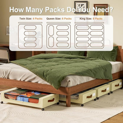 GoMaihe Under Bed Storage with Wheels:48L Underbed Storage Containers with Lids - Rolling Bins for Shoes Clothes in Dorm Bedroom - Metal Drawers Easy Pull-out Beige 4-Pack