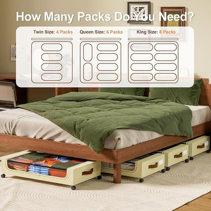 GoMaihe Under Bed Storage with Wheels: 48L Underbed Storage Containers with Lids - Rolling Bins for Shoes Clothes in Dorm Bedroom - Metal Drawers Easy Pull-out Beige 2-Pack