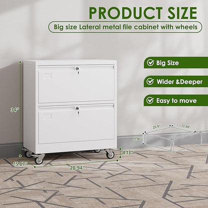 Aobabo 2 Drawer Lateral File Cabinet with Wheels, Lockable Metal Filing Cabinet for Home Office, Legal/Letter Size,White,Required Assembled,15.87" D x 28.94" W x 34" H