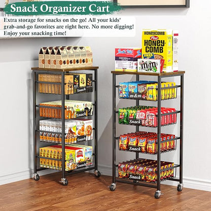 OKZEST Fruit Basket, 5-Tier Utility Kitchen Organizer and Storage Cart with Pull-Out Baskets and Wood Top, Rolling Pantry Kitchen Cart on Wheels for Fruit Potato Onion Vegetable Snack Produce