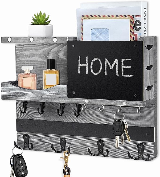 Key Holder for Wall Mount with Shelf and Mail Organizer, Key and Mail Holder with 16 Hooks, Farmhouse Entryway Organizer, Home Decor Rack(Pine Wood,Washed Gray)
