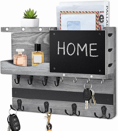 Key Holder for Wall Mount with Shelf and Mail Organizer, Key and Mail Holder with 16 Hooks, Farmhouse Entryway Organizer, Home Decor Rack(Pine Wood,Washed Gray)