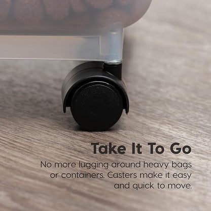 IRIS USA Dog Food Storage Container 58 lbs, Attachable Wheels, for Dog Cat Birds and other Pets, Food Storage Bin, Keep Fresh, Easy Mobility, BPA Free - Made in the USA, Almond/Clear