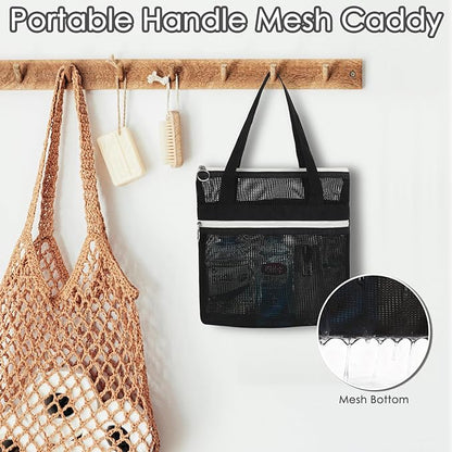 GYEUKHAM Mesh Shower Bag with 2 Zipper Pockets & Dual Handles, Quick-Drying Hanging Shower Caddy for College Essentials,Sunscreen,Dorm, Gym, Travel & Camping, Black
