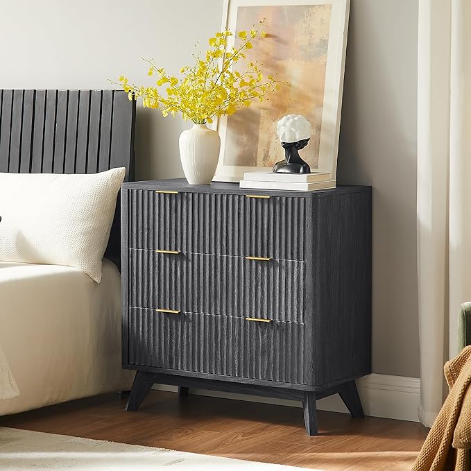 T4TREAM Fluted 3 Drawer Dresser, 32" Tall Modern Chest of Drawers, Curved Profile Design, Wood Drawer Organizer for Bedroom, Living Room, Hallway, Entryway, Dark Alder