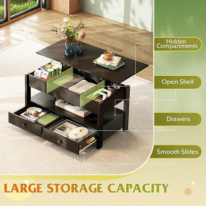 WLIVE Coffee Table, Lift Top Coffee Table with 2 Drawers, Large Hidden Compartment and Open Storage Shelf, Lift Tabletop, Dining Table for Living Room, Black