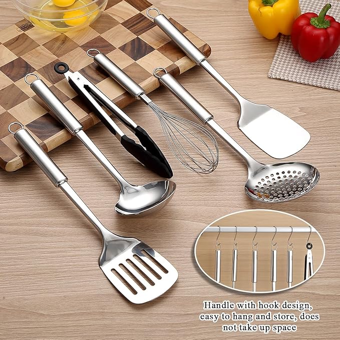 ReaNea Stainless Steel Cooking Utensils Set 6 Pieces, Kitchen Tools Set Include Metal Spatula Set, Skimmer, Ladle, Tong, Whisk, Kitchen Gadgets Essentials New Home Must Have