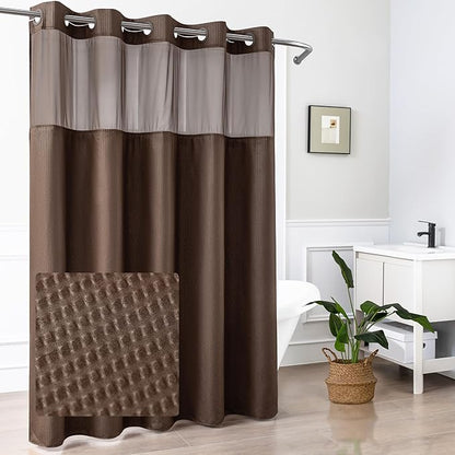 Mrs Awesome No Hook Shower Curtain with Snap-in Liner, Embossed Waffle Design Fabric Shower Curtain for Bathroom, Soft & Lightweight, 71x74, Chocolate