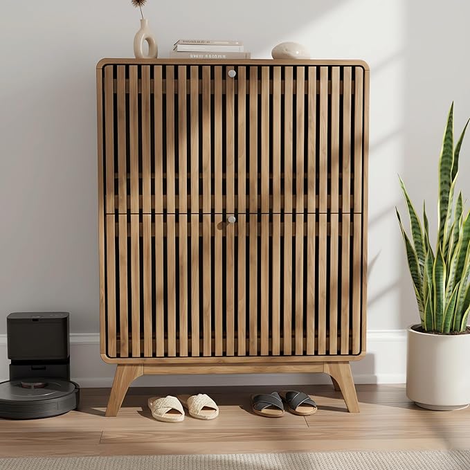 Fluted Narrow Shoe Cabinet for Entryway, Slim Wood Shoe Storage Cabinet with Flip Drawers, Bamboo Thin Shoe Rack Organizer for Entry Way, Hallway, Hidden, Walnut
