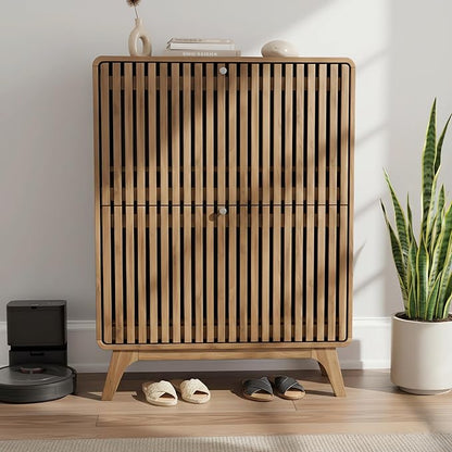 Fluted Narrow Shoe Cabinet for Entryway, Slim Wood Shoe Storage Cabinet with Flip Drawers, Bamboo Thin Shoe Rack Organizer for Entry Way, Hallway, Hidden, Walnut