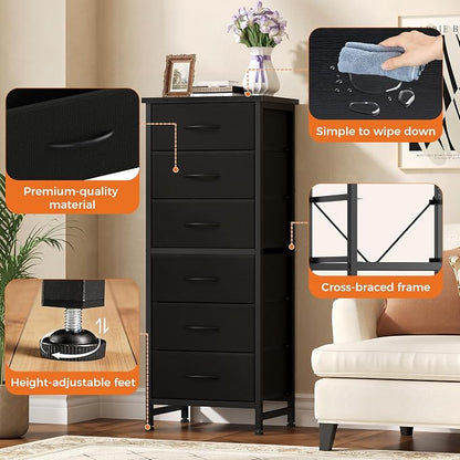 Sweetcrispy Tall Fabric Dresser for Bedroom, 6 Drawer Skinny Chest of Drawers, Narrow Storage Tower with Wood Top and Metal Frame, Vertical Nightstand for Closet, Bedroom Organization Furniture, Black