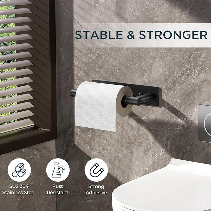FORIOUS Black Toilet Paper Holder, Adhesive or Wall Mounted Options, Stainless Steel Rustproof Stick on no Drilling Double Post Pivoting Toilet Tissue Roll Holder for Bathroom,2 Pack Matte Black