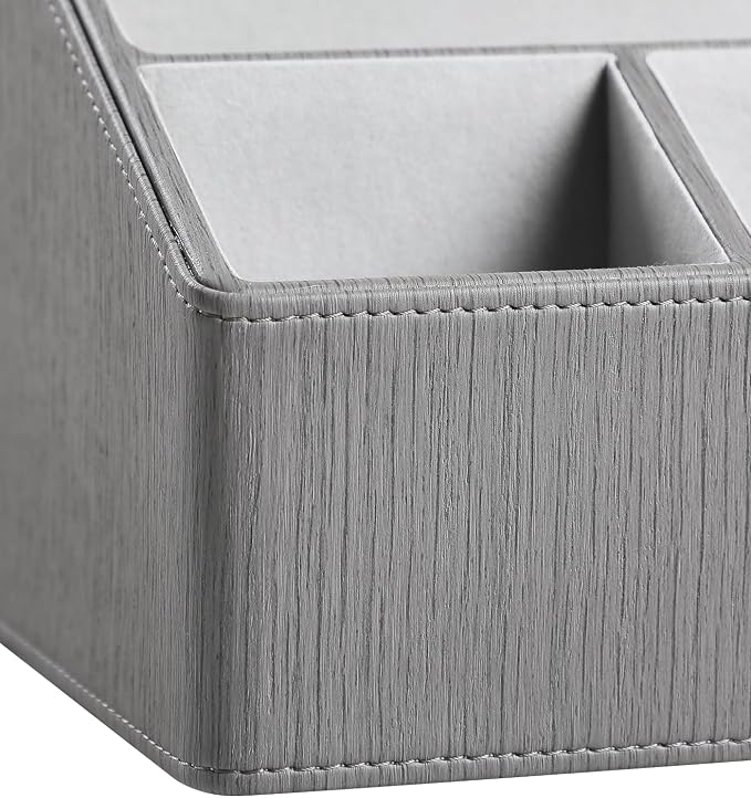 PU Leather Desk Organizer, Luxury Remote Control Holder for Home, Office Desk Accessories Table Caddy Bedside Nightstand Organizer (Grey)