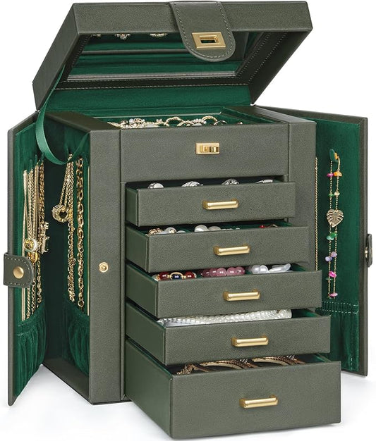 AKOZLIN 6-Tier Jewelry Box Organizer Functional 5 Drawers Leather Jewelry Storage Case for Women Girls Ring Necklace Earring Bracelet Holder Organizer with Mirror DrakGreen Regular