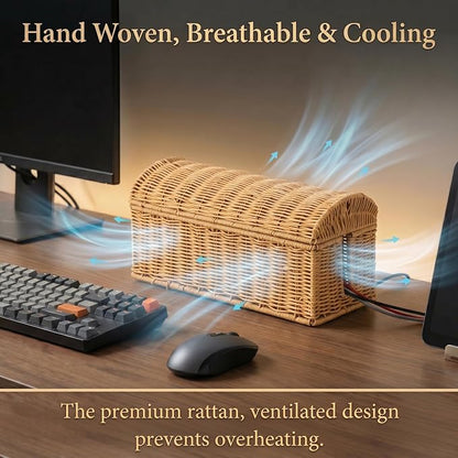 Large Rattan Cable Management Box, Decorative WiFi Router & Modem Hider | Ventilated, Waterproof, Easy Clean, No Assembly, Decorative Cable Organizer