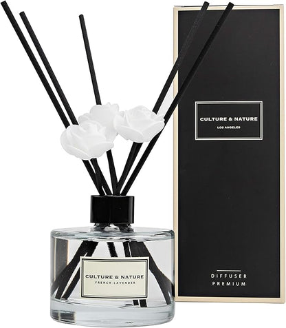 CULTURE & NATURE Reed Diffuser Set 6.7oz (200ml) French Lavender Scented Diffuser with Sticks Home Fragrance Reed Diffuser for Bathroom Shelf Decor