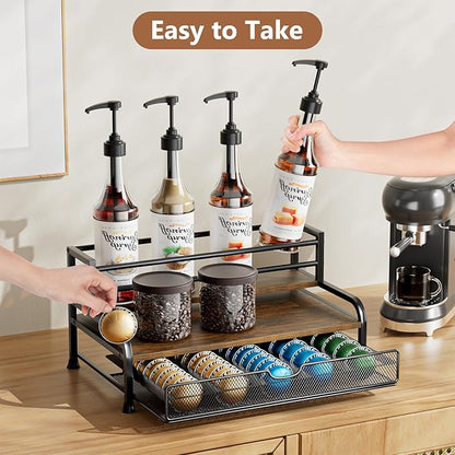 Coffee Syrup Rack Organizer, 3-Tier 8 Bottles Syrup Rack with Pod Holder Drawer for Nespresso Pods, Holds up to 30 Big or 40 Small Capsules, Countertop Coffee Bar Organizer for Kitchen Cafe