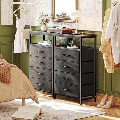 Huuger Night Stand with Charging Station, 4 Drawer Dresser for Bedroom, Bedside Table, 33.9 Inch Tall Nightstand with Open Shelf, End Table, for Closet, Entryway, Bedroom, Black