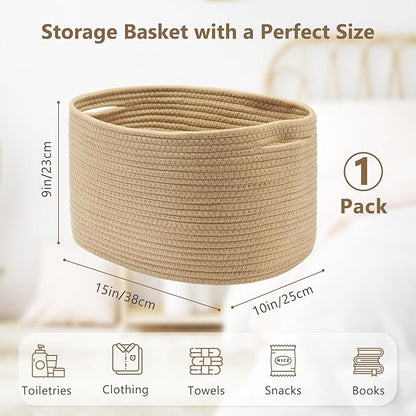 Cotton Rope Storage Basket, 15x10x9 Inches, Woven Basket for Shelves, Clothes, Towels, Books, and Laundry, Jute Brown (1 Pack)