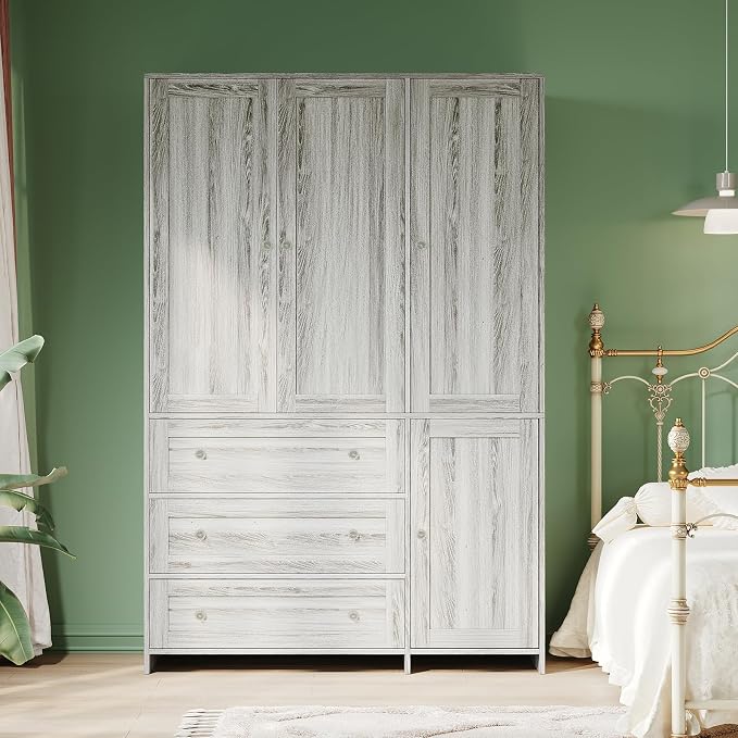VOWNER Armoire Wardrobe Closet with Drawers and Mirror, 71" Clothing Storage Cabinet with Hanging Rod, 4 Doors Wooden Wardrobe Cabinet for Bedroom, Large Capacity Storage (1, Gray Oak)