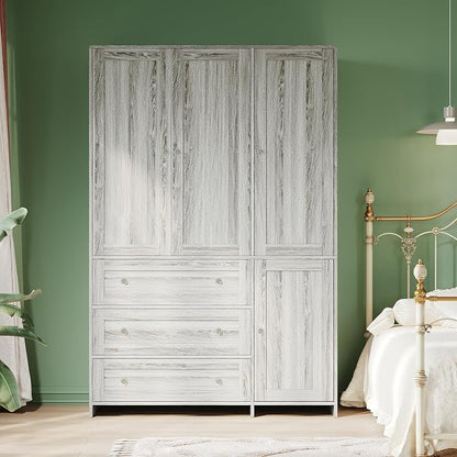 VOWNER Armoire Wardrobe Closet with Drawers and Mirror, 71" Clothing Storage Cabinet with Hanging Rod, 4 Doors Wooden Wardrobe Cabinet for Bedroom, Large Capacity Storage (1, Gray Oak)