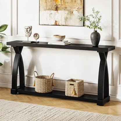 Solid Wood Console Table for Entryway, 63-Inch Narrow Farmhouse Couch Table Behind Sofa with 2-Tier Storage for Entrance, Foyer, Living Room, Long, Black (Black)
